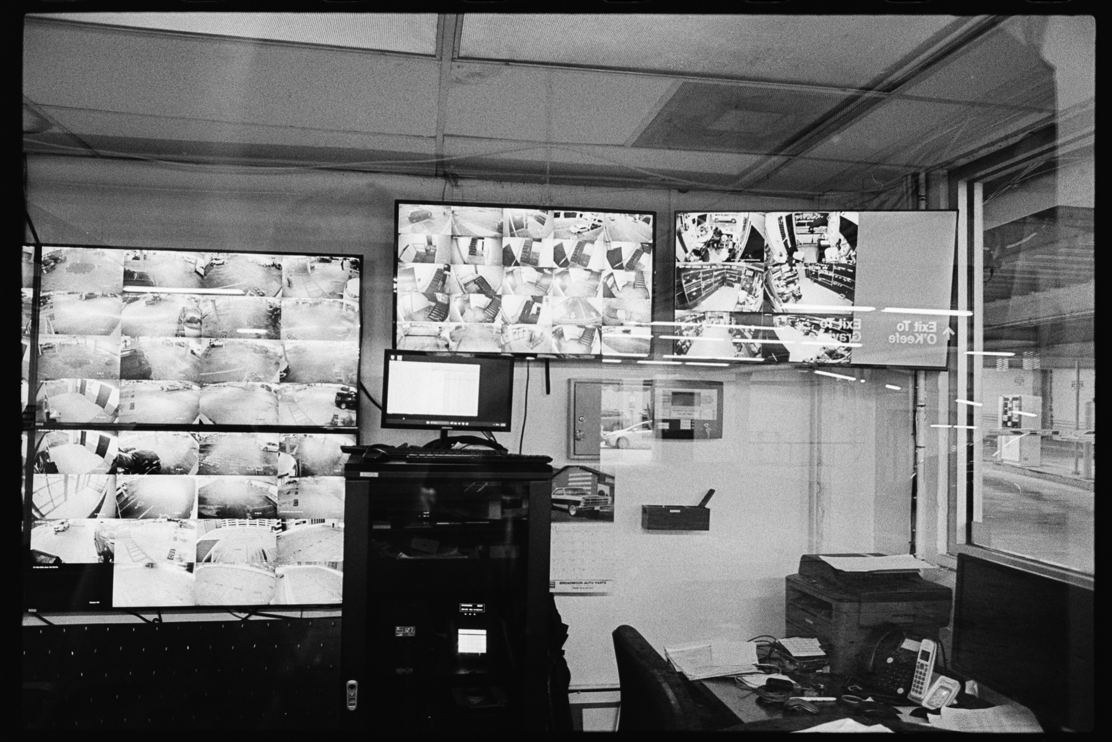 A wall of surveillance camera feeds